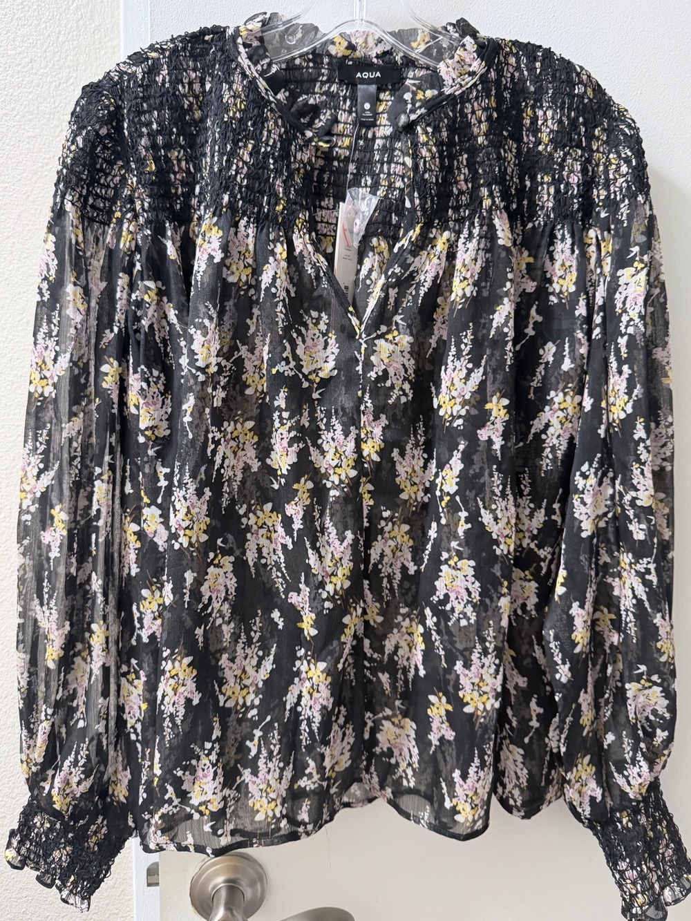 Aqua Black Floral Smocked Yoke Blouse with Pink and Yellow Blooms